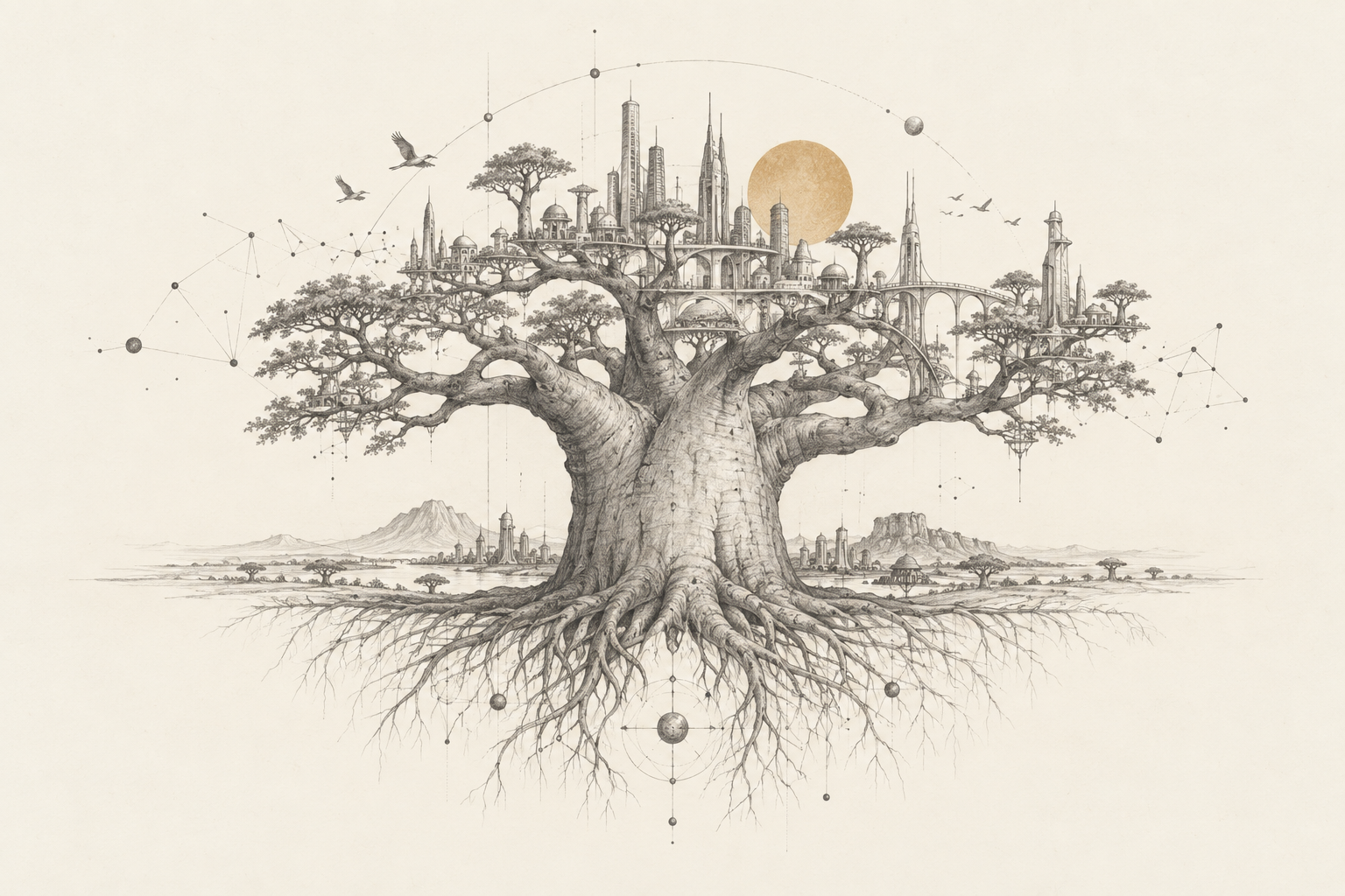 Original graphite illustration of a baobab tree growing into an imagined African city, connected by constellations of ideas