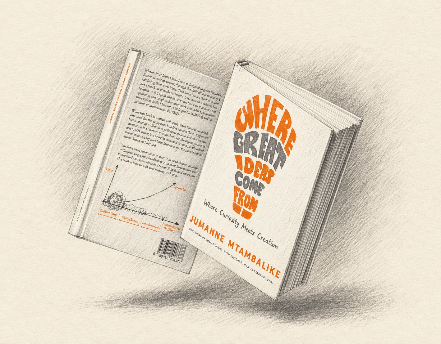Pencil interpretation of the Where Great Ideas Come From cover, with orange lettering
