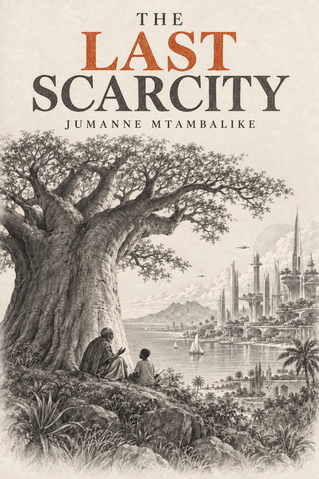 The Last Scarcity by Jumanne Mtambalike: pencil cover with a baobab, an elder and child, and a future African city